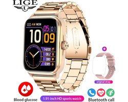 2024 Bloedsuiker Smart Watch Niet-Invasieve Bloedglucose Hartslag Gezondheid Monitor Pijnloos Meten Sport Smartwatch Insuline Meten AI Technologie Rose Gold Stalen Band + Extra Roze Band