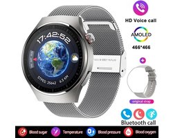 2024 Bloedsuiker Smart Watch Niet-Invasieve Bloedglucose Hartslag Gezondheid Monitor Pijnloos Meten Sport Smartwatch Insuline Meten AI Technologie Zilveren band + Extra Witte Ledere Band