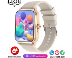 2024 Bloedsuiker Smart Watch Niet-Invasieve Bloedglucose Hartslag Gezondheid Monitor Pijnloos Meten Sport Smartwatch Insuline Meten Beige Band