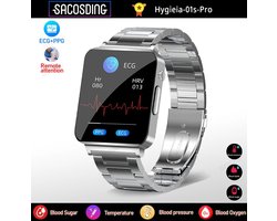 2024 Hygieia-01s-Pro Niet-Invasieve Luxe Horloge Bloedsuiker Meten Ecg + Ppg Smart Watch Uniseks Hartslag Bloed Zuurstof Gezondheid Lichaamstemperatuur Meter Smartwatch Insuline Pijnloos Zonder Prik Meten Zilveren Stalen Band Met AI Technologie