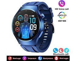 Bloedglucose Smartwatch Insuline Bloedsuiker Pijnloos Meten Voor Android IOS Gezondheid Monitor Smart Watch Mannen Hartslag Ecg + Ppg Amoled 466*466 HD Scherm Bluetooth Call Smart Watch 2024 Blauwe Ledere Band