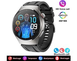 Bloedglucose Smartwatch Insuline Bloedsuiker Pijnloos Meten Voor Android IOS Gezondheid Monitor Smart Watch Mannen Hartslag Ecg + Ppg Amoled 466*466 HD Scherm Bluetooth Call Smart Watch 2024 Zilver Zwart Nieuw