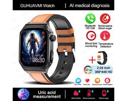 Gezondheid Smart Watch Amoled Bluetooth Bellen Bloedsuiker Bloed Lipide Urinezuur Monitor Ecg + Ppg Smartwatch Sos Horloge Slimme Mannen Vrouwen Pijnloos Bloedglucose Insuline Meten Zonder Prik Bruine Ledere Band