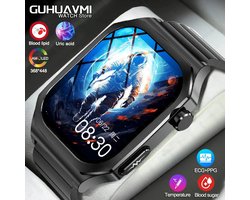 Gezondheid Smart Watch Amoled Bluetooth Bellen Bloedsuiker Bloed Lipide Urinezuur Monitor Ecg + Ppg Smartwatch Sos Horloge Slimme Mannen Vrouwen Pijnloos Bloedglucose Insuline Meten Zonder Prik