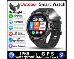 Militaire Smartwatch voor Mannen - 1.8'' HD Scherm, 760mAh Batterij, LED Zaklamp, Kompas, Hartslagmonitor, Waterdichte BT Oproep, Fitness Tracker, Outdoor Horloge, Nieuw 2024