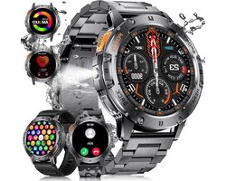 Sporthorloge Heren met LED Zaklamp en 1.43 Inch AMOLED - Militaire Smart Watches voor Android iOS - Hartslag Slaapbewaking - 100+ Sportmodi - Waterdicht IP68 - Bluetooth Oproep