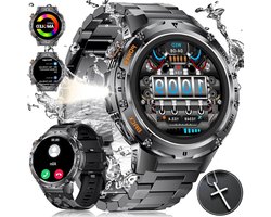 Sporthorloge Heren Militair Zaklamp 530 mAh Accu 1.43 inch AMOLED Stalen Gear Smart Watch Telefoonfunctie 5 ATM Waterdicht Fitnesshorloge 132 Sportmodi