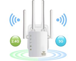 DrPhone WR4 Pro - Wifi Versterker - Range Extender 1200Mbps - 5GHZ (866 Mbps) + 2.4 GHz (300 Mbps) Dual Band Repeater - Router - 4x2 dBi Antennes - Wit