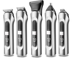 Baardtrimmer - 5-in-1 - Bodygroomer Mannen - Incl. 12 Opzetstukken - Scheerapparaat - 1.5 Uur Laden, 100 minuten Gebruiksduur - Trimmer - Kapperstools - Neustrimmer, Precisietrimmer, Lichaamstoner, Haartrimmer - Vaderdag Cadeau voor Papa - Grijs