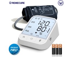 RemeCure Bloeddrukmeter bovenarm - Bloeddrukmeter - Hartslagmeter - Onregelmatige hartslag - Risico-indicator - Manchet 22 tot 42 cm - CE gecertificeerd - Incl. Batterijen + opbergtas