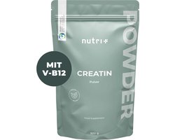 nutri+ Creatine Monohydraat Poeder 500 g - Pure Creatine 99,9% - hoog gedoseerd, ultrafijn, veganistisch en neutraal - Creatine Poeder met Vitamine B12 - topkwaliteit