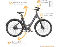 ADO E-bike A28 Air Elektrische Fiets | e-bike | 345Wh Samsung-batterij | 100-150km Actieradius | Geavanceerde Koolstofriem | IPX7-display voor Slimme Navigatie | 250W Motor | Donker Grijs