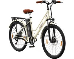 ONESPORT OT18 Elektrische fiets voor in de stad, 26*2.35 inch brede banden, 250W motor 25km/h, 36V 14.4Ah grote accu tot 100km maximaal bereik, Shimano 7 versnellingen, schokabsorberende voorvork, 25 graden klimmen Bluetooth APP - Wit