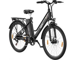 ONESPORT OT18 Elektrische fiets voor in de stad, 26*2.35 inch brede banden, 250W motor 25km/h, 36V 14.4Ah grote accu tot 100km maximaal bereik, Shimano 7 versnellingen, schokabsorberende voorvork, 25 graden klimmen Bluetooth APP - Zwart