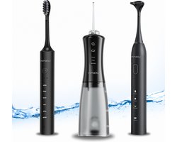 HAIDU Elektrische Tandenborstel + Pro Flow Waterflosser + Elektrische Flosser – Tongschraper – Zwart