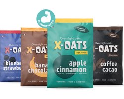 X-OATS-LEKKERE ONTBIJTSHAKE-hoog in proteïne, laag in suiker| 24x70gr overnight oats shake |vegan en glutenvrij| maaltijdvervanger| gezond ontbijt/maaltijd |mixed smaken-24 pack [6x appel/kaneel,6x koffie/cacao,6x banaan/chocolade,6x bosbes/aardbei]