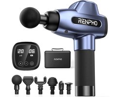 Renpho massagepistool, spiermassageapparaat met 20 snelheden en 6 massagekoppen, massageapparaat voor fitnessstudio, kantoor, thuis, na de training en sporters, blauw