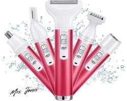 Mrs. Jones Elektrisch Ladyshave 5-in-1 Draadloos Dames Scheerapparaat - Epilator Bikinitrimmer - Nat en Droog Ontharen - Gezicht Benen Oksel - Neus Armen Bikinilijn Wenkbrauw .