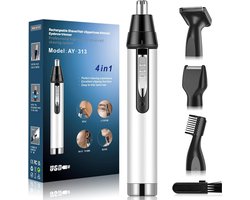 Timé Professionele 4-in-1 Neushaartrimmer - USB Oplaadbaar - oorhaartrimmer - voor neushaar, wenkbrauwen en oorhaar, - met nat droog reinigingssysteem - Nose Clippers - Zilver