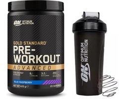 Optimum Nutrition Gold Standard Pre Workout Bundel - Blue Raspberry Pre-Workout Advanced + ON Shakebeker - 420 gram (20 doseringen)