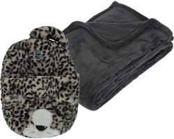 Apollo - Fleece deken antraciet 125 x 150 cm met voetenwarmer slof cheetah one size