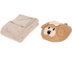 Apollo - Fleece deken beige 125 x 150 cm met voetenwarmer slof Terrier hond one size