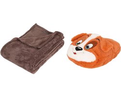 Apollo - Fleece deken donkerbruin 125 x 150 cm met voetenwarmer slof Flapoor hond one size