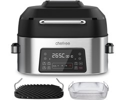 CHEFREE Elektrische Buiten BBQ Grill en Smoker gezondheidsgrill en luchtfriteuse, 6L familieformaat voor 5-6 porties, intelligente 6-in-1 Smart XL multicooker, max 265℃, 4-traps luchtgrill, 0 rook, olievrij, zwart/grijs, AFG01