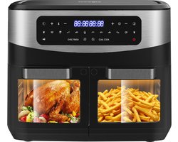 Iceagle heteluchtfriteuse 2 kamers Airfryer 12L - 2600W heteluchtfriteuse XXL met kijkvenster | Frituurpan zonder olie met digitaal display, 10 programma's, zwart