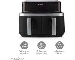 Nedis Heteluchtfriteuse - 2 x 4.2 l - Dubbele Airfryer - Tijdschakelaar: 60 min - 10 vooraf ingestelde programma's - Digitaal