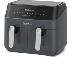 Turbotronic Airfryer XXL DualChef - 9L - 1600W - Heteluchtfriteuse - Dubbele Mand - 2 x 4.5L - 50ºC tot 200ºC - 10 Kookprogramma's - Grijs