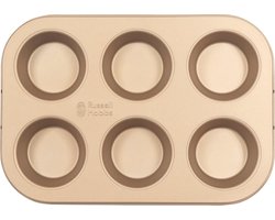 6 Cup Non-Stick Muffin Tray voor Muffins, Pudding en Taarten - Makkelijk Schoon te Maken, Voor Verwarmingen tot 220 Graden, Carbon Staal, Gouden Design