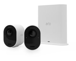 Arlo Ultra 2 draadloze WiFi-beveiligingscamera voor buiten, 4K UHD, 180˚ kleurennachtzicht, sirene & spotlight, bewegingsdetectie, 2-weg-audio, 6 mnd batterij, lokale opslag (SD-kaart), incl. proefp. Arlo Secure, 2 IP-Camera's + Smart Hub, wit