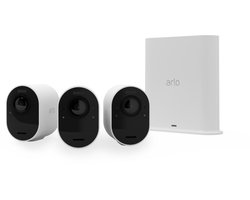 Arlo Ultra 2 draadloze WiFi-beveiligingscamera voor buiten, 4K UHD, 180˚ kleurennachtzicht, sirene & spotlight, bewegingsdetectie, 2-weg-audio, 6 mnd batterij, lokale opslag (SD-kaart), incl. proefp. Arlo Secure, 3 IP-Camera's + Smart Hub, wit