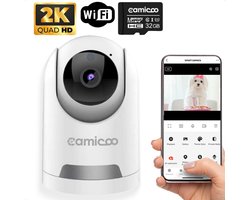 Camicoo® Beveiligingscamera binnen C200 - Huisdiercamera met app - Hondencamera - Incl. 32GB SD - Petcam - Ultra HD 2K 3MP - Eenvoudige Installatie - Volgt beweging en geluidsdetectie - Alexa, Google Assistant en 5GHz compatibel - Indoor camera - Wit