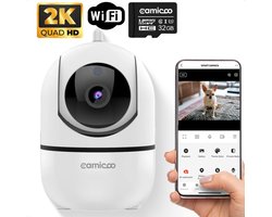 Camicoo® Beveiligingscamera binnen - Huisdiercamera met app - Hondencamera - Incl. 32GB SD - Petcam - Ultra HD 2K 3MP - Eenvoudige Installatie - Volgt beweging en geluidsdetectie - Alexa, Google Assistant en 5GHz compatibel - Indoor camera - Wit