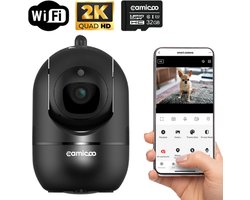 Camicoo® Beveiligingscamera binnen - Huisdiercamera met app - Hondencamera - Incl. 32GB SD - Petcam - Ultra HD 2K 3MP - Eenvoudige Installatie - Volgt beweging en geluidsdetectie - Alexa, Google Assistant en 5GHz compatibel - Indoor camera - Zwart