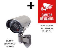 Dummy Beveiligingscamera Pack + Pictogram "Camera bewaking" in aluminium | Waterdichte behuizing voor gebruik buitenshuis | Incl. AA batterijen