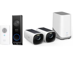 eufy Security - eufyCam 3 Set met 2 camera's met zonnepaneel + eufy E340 2K Draadloze Video Deurbel Inclusief Chime - Accu - Zwart