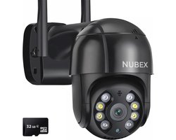 Nubex® Beveiligingscamera Binnen en Buiten met Nachtzicht - IP Beveiligingscamera - Full HD met WiFi en App - 4x Digitale Zoom - Met 32 GB SD Kaart en Verlengkabel - Bewakingscamera voor Buiten - Zwart