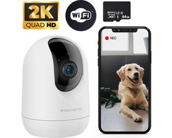 Protectly® Beveiligingscamera binnen - Huisdiercamera met app - Petcam - Hondencamera - Met WiFi APP - 2K 3MP Ultra HD - Volgt beweging en geluidsdetectie - Indoor Camera - Incl. 64GB SD - Wit