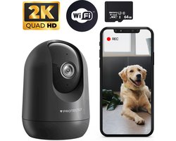 Protectly® Beveiligingscamera binnen - Huisdiercamera met app - Petcam - Hondencamera - Met WiFi APP - 2K 3MP Ultra HD - Volgt beweging en geluidsdetectie - Indoor Camera - Incl. 64GB SD - Zwart