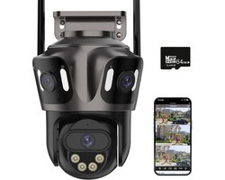 Tumex - Beveiligingscamera Buiten - Buiten Camera met Nachtzicht - Drie Lens Design - 360° Auto Tracking - Inclusief 64GB SD - Zwart