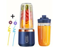 BSB ECom - Mini Blender Inclusief GRATIS Cocktailrietje - Blender To Go - Smoothie Maker - Draadloos - Draagbaar - Smoothies & Shakes - 2 To -Go Bekers 400 ml - USB Oplaadbaar -Blauw