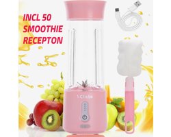 Cliste Draagbare Blender - Blender To Go - Portable Smoothie Blender - USB Oplaadbaar - 500 ml - Roze - Mini Smoothie Maker - USB Oplaadbaar - Fresh Juice Maker - Portable Blender - Roze - Recepten inbegrepen