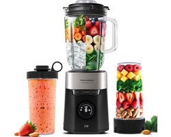 JAP Appliances AeroBlend - Krachtige blender met 2 To-go bekers - 8 snelheden en 3 standen - Grote 1,5 liter glazen kan - Maatbeker 20-40ml - Smoothie maker - IJscrusher - Zwart