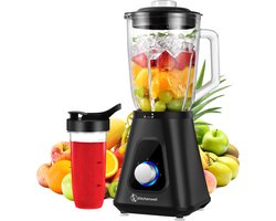 Kitchenwell Blender - Krachtige 1300 Watt Smoothieblender - 1.5 Liter - Glazen Kan - 3 Standen - Inclusief Sportbeker - RVS/Zwart