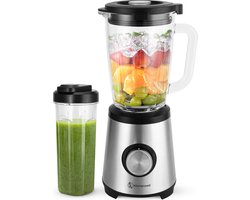 Kitchenwell Blender - Krachtige 1300 Watt Smoothieblender met To-Go Beker - 1.75 Liter - Glazen Kan - 3 Standen - RVS/Grijs