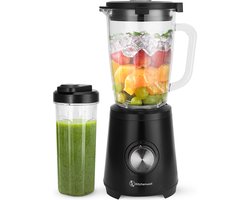 Kitchenwell Blender - Krachtige 1300 Watt Smoothieblender met To-Go Beker - 1.75 Liter - Glazen Kan - 3 Standen - RVS/Zwart