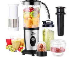 Uten 5-in-1 Blender - Smoothie Maker - 1.25 liter - Blender met To Go Beker - Mini Blender - 5 Bekers - 220 Watt - Zilver/Zwart